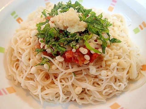 ❤キムチと揚げ玉と大葉の柚子ポン酢ぶっかけ素麺❤